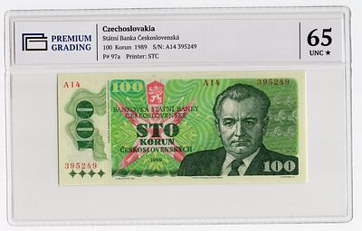 Чехословакия 100 крон 1989г в слабе PG UNC65*. Pick № 97a.