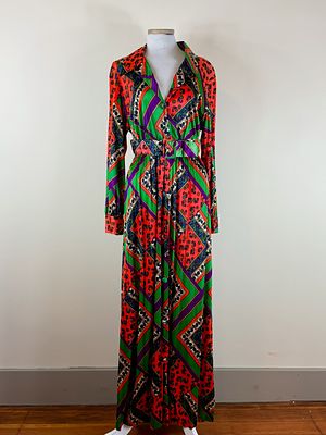 Vintage 1970s Printed Hostess Dress. w/ original belt approx. B 40", W up to 30" belt warped 