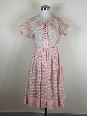 Vintage 1950s Striped Organza Party Dress. approx. B 40" W 30" good condition belt worn/warped 
