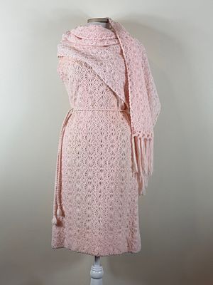 Vintage 1960s Crochet Set. Sheath dress w/ matching wrap & belt, approx. B 32" W 30" some broad 