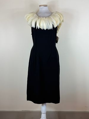 Vintage Deadstock Elinor Gay Cocktail Dress. Black crepe w/ feather collar, orignial tags 