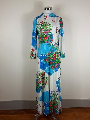 Vintage Kiki Hart 1970s Maxi Dress. approx. B 36", W 28" few small stains/ snags, see photos