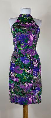 Vintage Early 1990s Printed Faille Halter Dress. approx. B 32" W 27" good condition, see photos