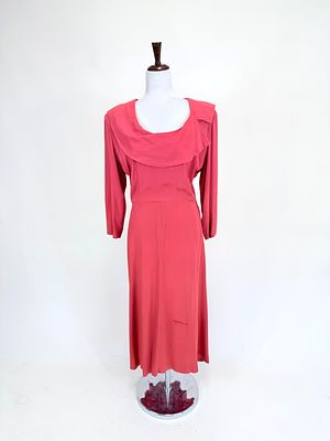 PERSIMMON CREPE PARTY DRESS, 1940s. B 40", W 28" few stains & strain to seams especially at seat 