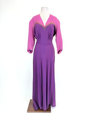 BEADED CREPE EVENING GOWN, 1940s. B 42", W 32", some bead loss, small holes to center front 