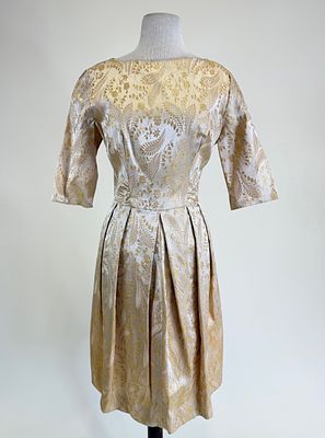 VINTAGE LATE 1950s PATTERNED LAME' AFTERNOON DRESS. B 38", W 30", good condition