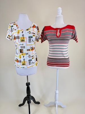 TWO VINTAGE 1970s/80s SHORT SLEEVE TOPS. Car print B/W up to 38", good condition, striped B/W up 
