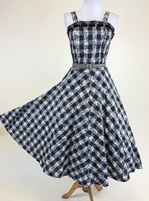 VINTAGE 1950s PRINTED PLAID PARTY DRESS. w/ original belt, B 34", W 25", some wear/light 