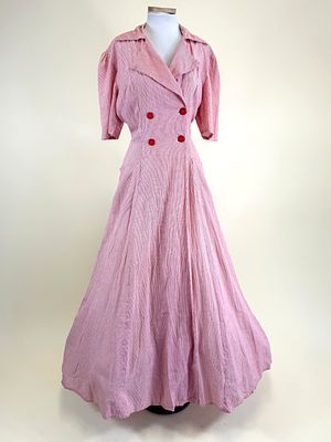 VINTAGE 1940s PINSTRIPE COTTON HOSTESS DRESS. B 37", W 31", period mends up to 1.5", light 
