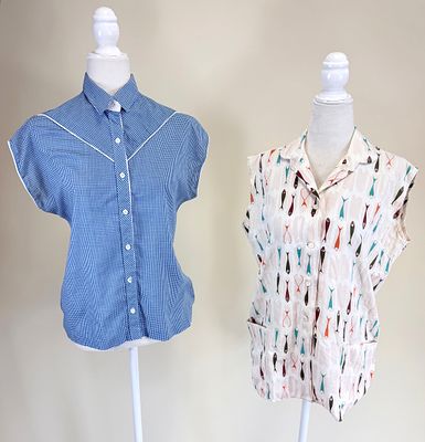 TWO VINTAGE COTTON SLEEVELESS BUTTON-UPS. Fish lure print B/W 40", western style B 38", W 34" 