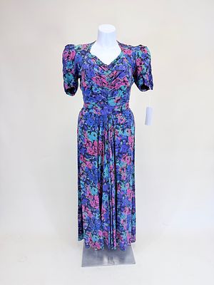 PRINTED TUB SILK PARTY DRESS, 1940s. B 38", W 30", few small holes & light discoloration, see 