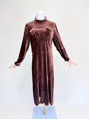 BROWN PANNE SILK VELVET DAY DRESS, 1920s. B 40", W 34", mended seam openings, light crushing, B 