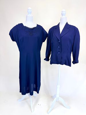 TWO PIECE BEADED DRESS & JACKET ENSEMBLE, LATE 1940s. B 44", W 36", some staining & 