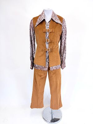THREE PIECE CORDUROY & SNAKESKIN PRINT ENSEMBLE, 1970s. B up to 36", W 33", pant W 28", few 