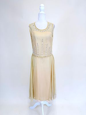 BEADED SILK CREPE PARTY DRESS, 1920s. B 34", W 28", holes especially to shoulders, stains 