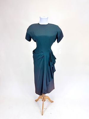 FOREST GREEN NAILHEAD EMBELLISHED PARTY DRESS, 1940s. B 36", W 26", broad discoloration & fading 