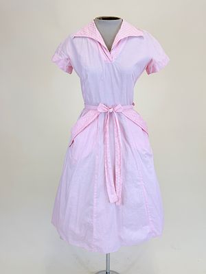 PINK COTTON WRAP DRESS, 1950s. B 36", W 24", tiny hole at armscye, see photos