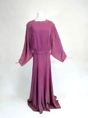 DUSTY ROSE SILK CREPE HOSTESS GOWN, 1940s. B 40", W 36", w/ original belt, broad discoloration & 