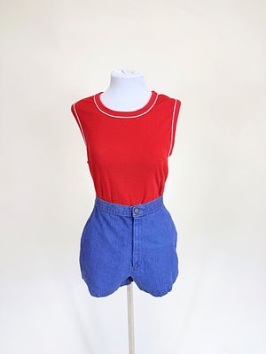RED & WHITE TANK & COTTON SHORTS, 1970s. tank B 36", shorts W 23", tank w/ light pilling & few 