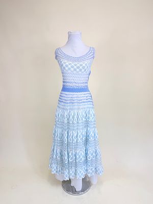 BABY BLUE & WHITE CROCHET OVERDRESS, 1970s. B up to 33", W 26", some light staining, see photos