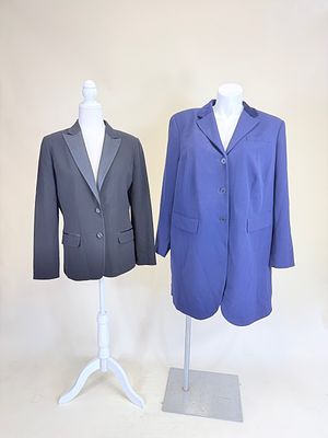 TWO RALPH LAUREN BLAZERS, 1980s-1990s. Blue SH-SH 19", L 26", black SH-SH 16", L 25", good 