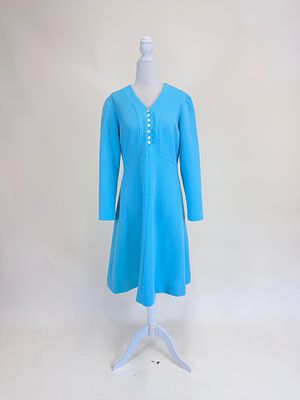 BLUE DAY DRESS, 1960s. B 38", W 32", few light stains & one small hole at sleeve, see photos