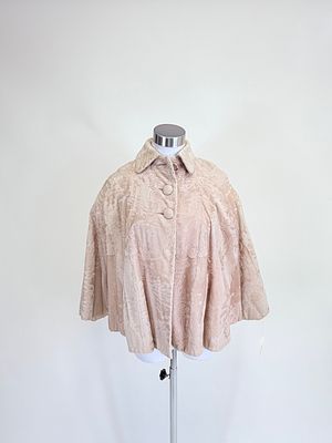 RUSSIAN BROADTAIL & SILK CREPE CAPELET, 1920s. L 24.5", one button damaged & included, light 