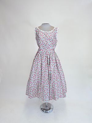 PRINTED SATEEN SUNDRESS, 1950s-1960s. B 36", W 28", some staining to lace trim, see photos