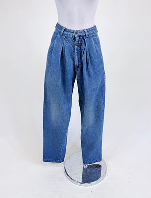 MARITHE FRANCOIS GIRBAUD JEANS, 1990s. W 24", broad discoloration/wear, see photos