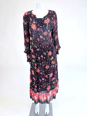 PRINTED 1970s STYLE GARDEN PARTY DRESS, MODERN. B 31", W up to 32", modified at neckline, see photos