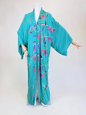 REVERSE DYED & PRINTED KIMONO ROBE. SH-SH 27", holes, see photos. Provenance: The M. Estella 