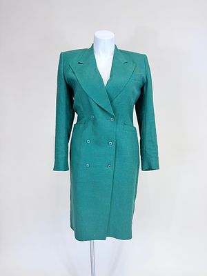 KENZO FOREST GREEN LINEN COAT, 1980s. SH-SH 18", W 35", L 43", areas of fading, light wear, see 