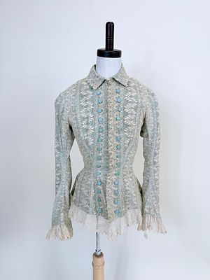 EMBROIDERED TULLE & SILK TAFFETA BASQUE BODICE, 1880s. SH-SH 14", W 21", underarm discoloration 