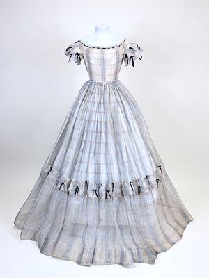 ANTIQUE PLAID SILK ORGANZA EVENING GOWN c. 1850. B 29", W 20", organza fragile w/ splits & small 