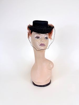 BLACK FELT & LEATHER PILLBOX HAT, 1940s. Few holes in veil, wear to feathers, see photos