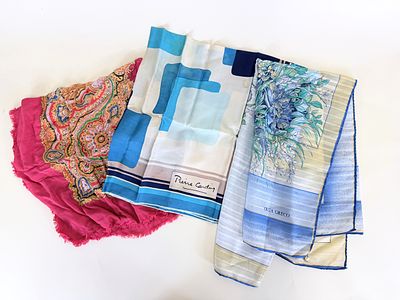 THREE SCARVES INCLUDING PIERRE CARDIN. Small stain to Pierre Cardin scarf, see photos