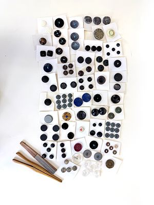 LARGE LOT OF BUTTONS, MID-LATE 20TH C. Together w/ glove stretcher &amp; fan, as is condition 