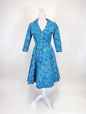 MARIE FRANCE PRINTED SILK FAILLE COAT DRESS, 1950s. B 36", W 26", discoloration to lining, see 