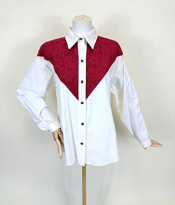 WHITE COTTON & SCARLET LACE ROCKABILLY BUTTON UP, 1980s. B 46", W 46", has original tag. Good 