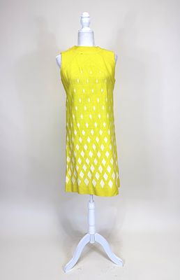 EMBROIDERED CANARY YELLOW LINEN SHEATH DRESS, LATE 1960s. B 35", W 35", small spot stain front 