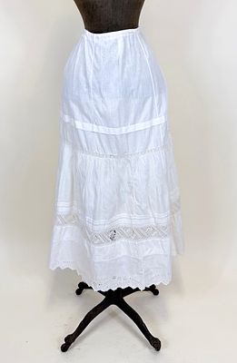 EMBROIDERED COTTON PETTICOAT, 1900s. Waist up to 31", waistband shot w/ holes, few small stains 