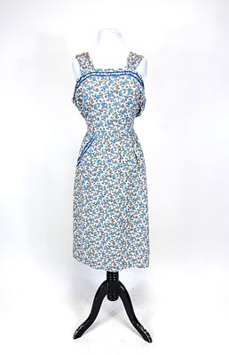 PRINTED COTTON SUMMER DRESS, 1950. B 38", W 32", some staining shoulder straps, see photos. 