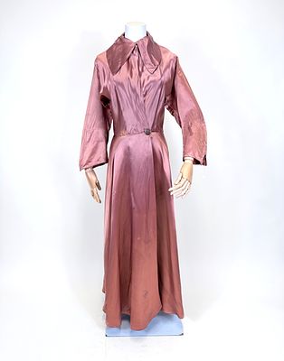 RUST SATIN BOUDOIR ROBE, 1940s. W up to 30", L 53.5", staining, scuffs, waist repaired/modified 