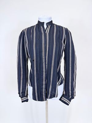 CREAM & BLACK STRIPED WOOL BODICE, 1900. B 32", W 23", holes, discoloration, see photos.