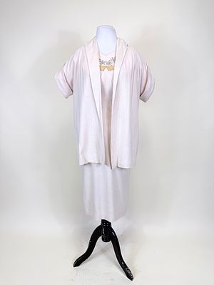 TWO PIECE LINEN WEAVE ENSEMBLE, 1960s. B 32", W 26", Jacket L 28.5", very light staining back of 