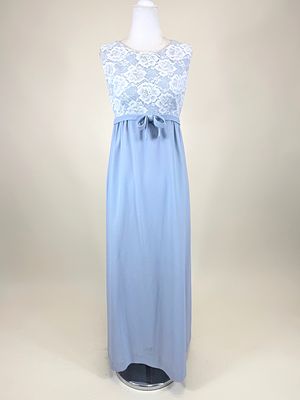 BABY BLUE CREPE & WHITE LACE EVENING DRESS, 1960s. B 35", W 28", some underarm staining, few 