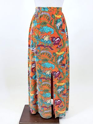 PAISLEY PRINTED VELOUR SKIRT, 1970s. W 26", L 39", closure replaced &amp; loose, see photos.