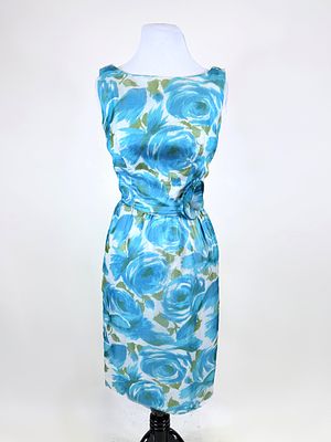 PRINTED SILK ORGANZA PARTY DRESS, 1960s. B 37", W 24", holes, splits &amp; tears to organza 