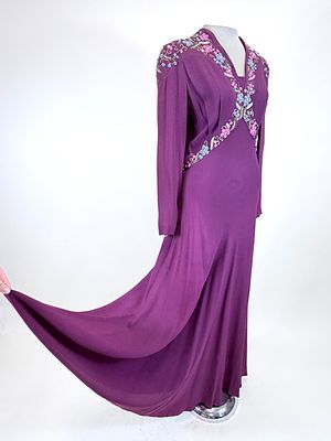 BEADED & LAME' EMBROIDERED CREPE EVENING DRESS, 1940s. B 40", W 28", pulls &amp; discoloration 