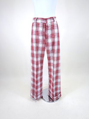 PAIR OF PLAID SEERSUCKER TROUSERS, 1970s. W 29", L 43.5", few pulls to waistband &amp; seat 